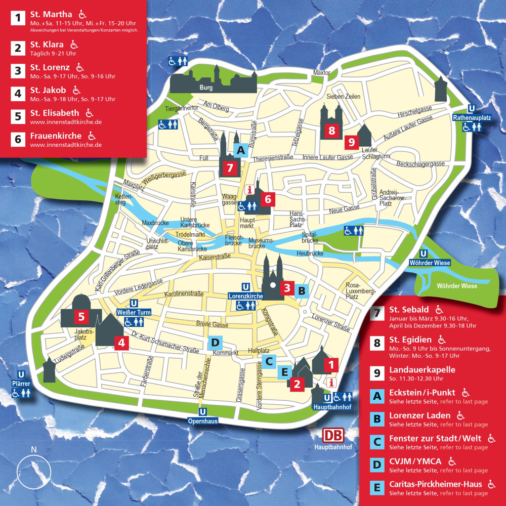 Stadtplan mit den evangelischen und katholischen Altstadtkirchen Nürnbergs
