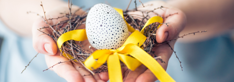Zwei Frauenhände halten ein weißes Ei mit kleinen schwarzen Punkten in einem kleinen Nest mit gelber Schleife in die Kamera
